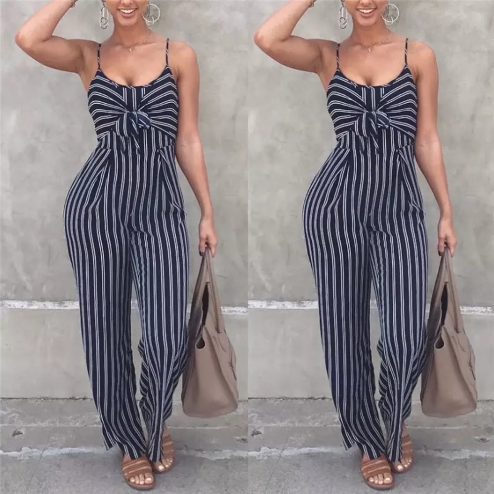 ‼️NEW ARRIVAL‼️ SUMMER BLUE STRIPE BOWTIE JUMPSUIT - Picture 2 of 7